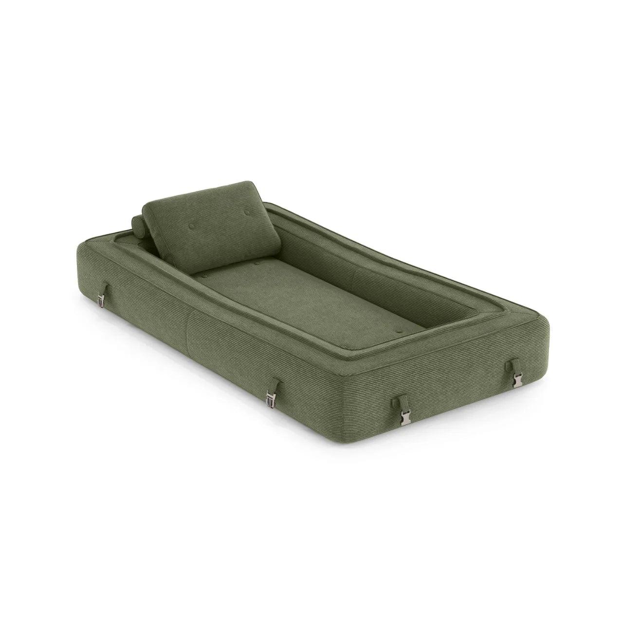 Flippo Sofa Bed in Forest Green – rich deep green corduroy, 120cm wide, stylish and compact, foldable design, perfect for modern interiors